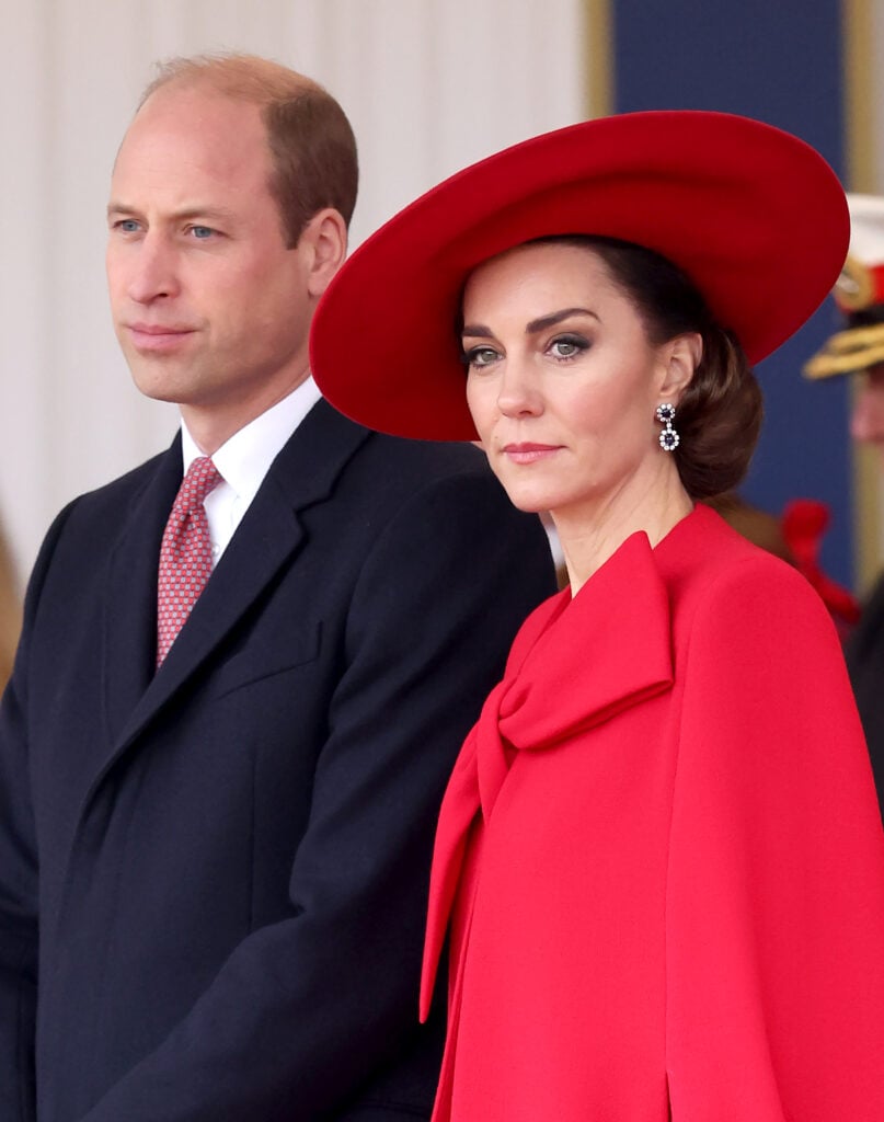 Prince William, Prince of Wales and Catherine, Princess of Wales attend a ceremonial welcome for The President and the First Lady of the Republic of Korea at Horse Guards Parade on November 21, 2023 in London, England.