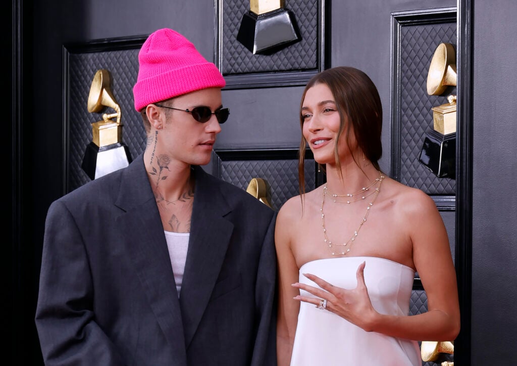 Justin Bieber and Hailey Bieber attend the 64th Annual GRAMMY Awards at MGM Grand Garden Arena on April 03, 2022 in Las Vegas, Nevada.