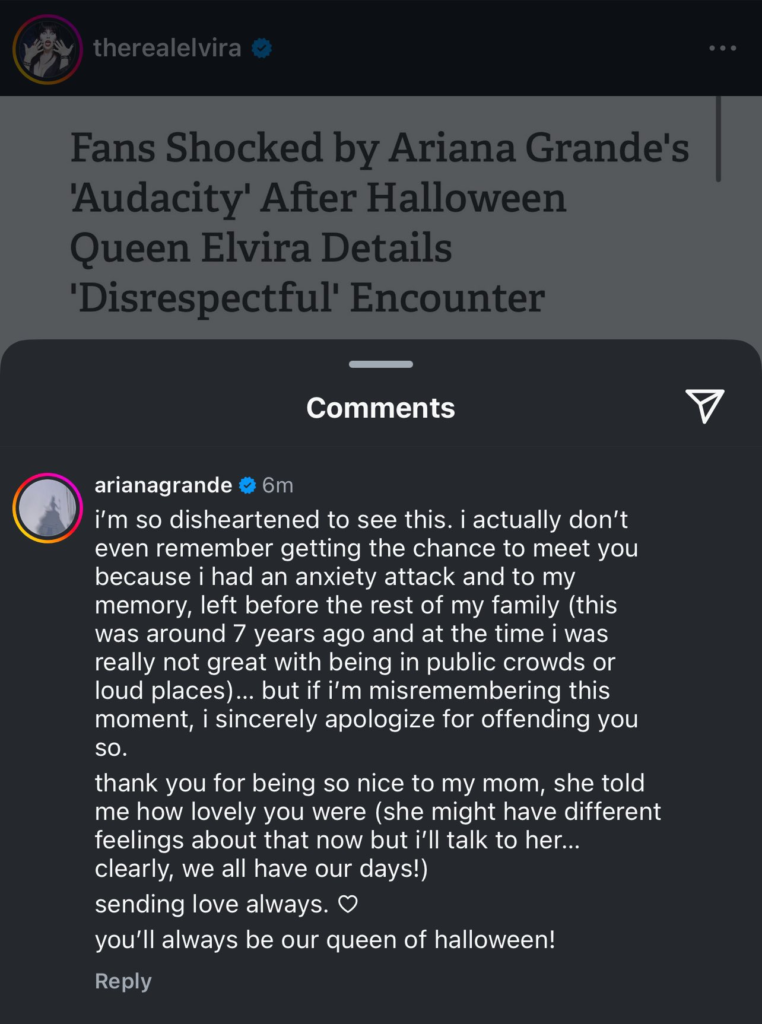 A dark mode screenshot of Ariana Grande's reply to an Instagram post by Elvira.