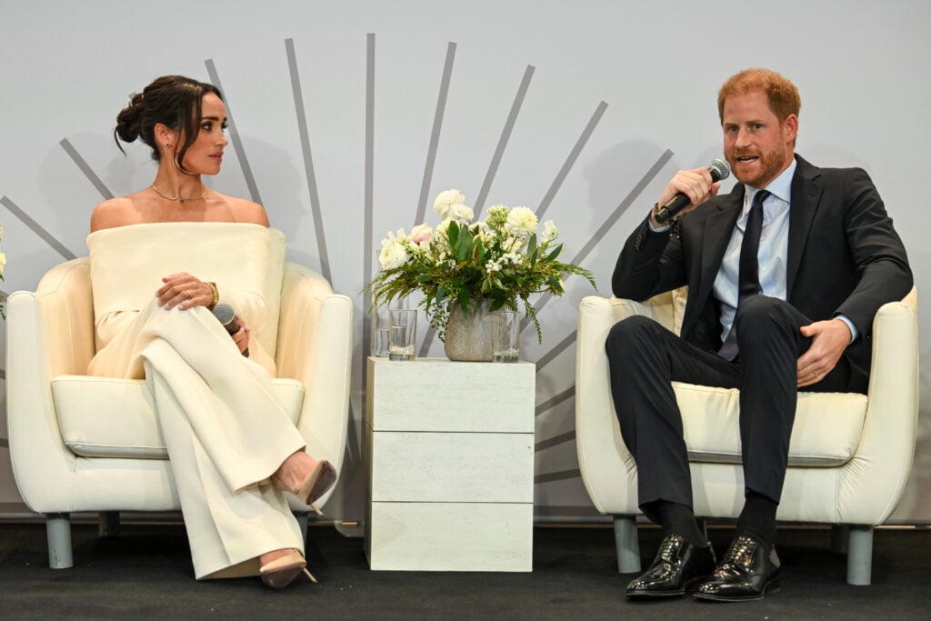 Meghan, Duchess of Sussex and Prince Harry, Duke of Sussex speak onstage at The Archewell Foundation Parentsâ Summit: Mental Wellness in the Digital Age during Project Healthy Minds' World Mental Health Day Festival 2023 at Hudson Yards on October 10, 2023 in New York City.