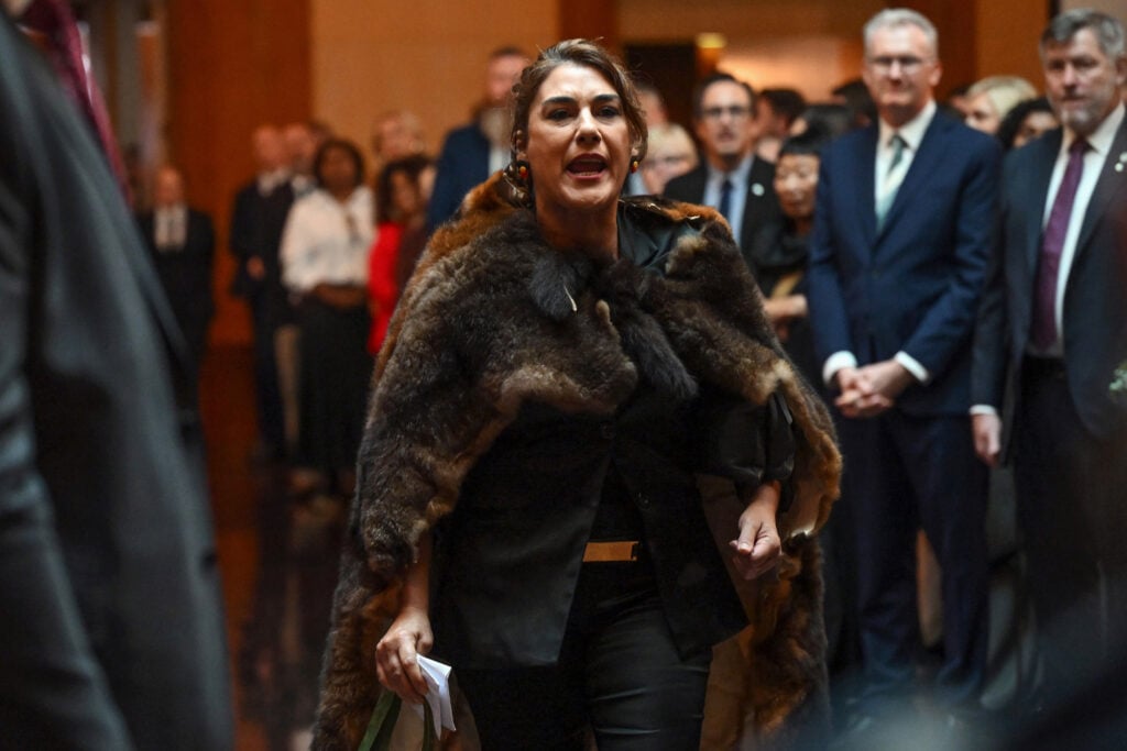 Australian politician, Senator Lidia Thorpe heckles King Charles III during the ceremonial welcome and Parliamentary reception at the Australian Parliament House on October 21, 2024, in Canberra, Australia.